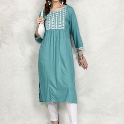 Vishudh Teal Blue Floral Embroidered Thread Work Round Neck Straight Kurta-picture-43