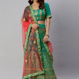 Suha Women Green Satin Embroidered Unstitched Lehenga Choli-picture-28