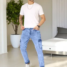 PLUS 91 Men Regular Fit Mid-Rise Light Fade Cargo Jeans image 2