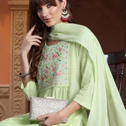 Indo Era Women Floral Embroidered Empire Thread Work Pure Cotton Kurta with Trousers & With Dupatta-image-96