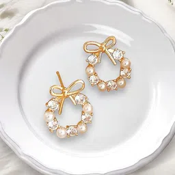 PolluxCraft Gold-Plated Artificial Stones Studded Circular Shaped Korean Studs image 2