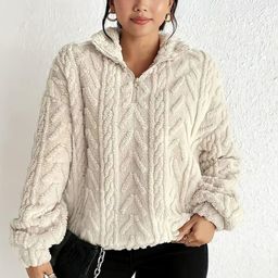bebe Women Geometric Self Design Mock Collar Sweatshirt-picture-7
