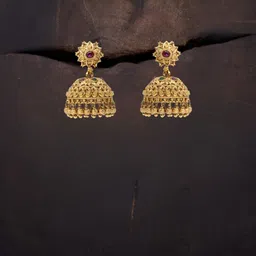 South Temple Jewellery Gold-Plated Stones Studded And Beaded Dome Shaped Jhumkas-picture-17