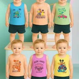 TINY HANDS Boys Pack Of 6 Printed Pure Cotton Basic Vests-picture-12