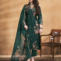 Anouk Dark Green Floral Printed Thread Work Straight Kurta with Trouser & Dupatta-picture-26