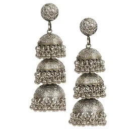 VIVAZS Silver-Plated Artificial Beaded Oxidised Dome Shaped Jhumkas image 2