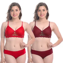 Women Red,Maroon Cotton Bra Panty Set for Lingerie Set Undergarments Pack of 2-image-29