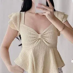 tokyo talkies Casual Puff Sleeves Solid Women Beige Top-picture-14
