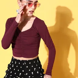 Veni Vidi Vici Maroon Ruched Sweetheart Neck Crop Top-picture-38