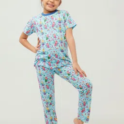 frangipani Girls Blue & Pink Printed Cotton Night suit-picture-13