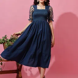 Honky Tonky Women Polka Dots Embroidered Smocked Puff Sleeve Fit & Flare Midi Dress-image-98