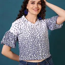 AKIMIA Print Bell Sleeve Shirt Style Floral Crop Top-picture-30