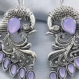 Saizen Silver-Plated Artificial Stones Studded Oxidised Peacock Shaped Drop Earrings image 2