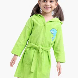 Babyhug Full Sleeves Cotton Knit Hooded Bathrobe Dolphin Patch - Green-image-24