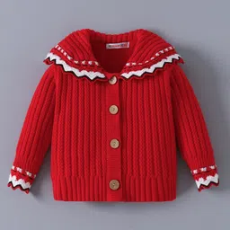 Kookie Kids Viscose Knit Full Sleeves Collar Neck Front Open Sweater with Cable Knit Design - Red-picture-25