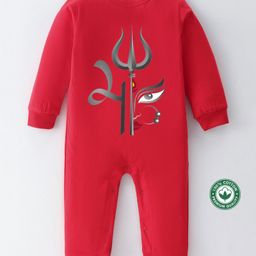 BLUSHES Navaratri Theme 100% Cotton Full Sleeves Maa Text With Trident Printed Romper - Red-picture-27