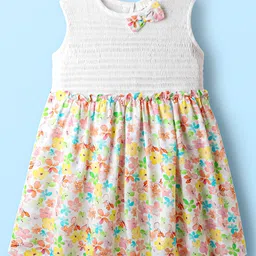 Babyhug Rayon Woven Sleeveless Smocked Frock with Floral Print & Bow Applique - White-picture-31