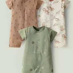 I Bears Interlock Knit Half Sleeves Rompers With Animal Print Pack Of 3 - Brown & Olive Green-picture-24