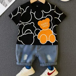 Googo Gaaga Cotton Half Sleeves Teddy Bears Printed Tee & Distressed Shorts Set - Black-picture-12