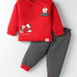 CUCUMBER Sinker Knit Full Sleeves T-shirt & Pant Set with Animal Print - Red & Charcoal Grey-picture-1