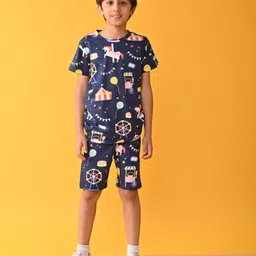 Anthrilo 100% Pure Cotton Knit Half Sleeves Carnival Circus Theme Printed Coordinating Night Suit Set - Blue-picture-27