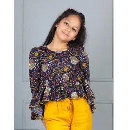 Cutiekins Woven Full Sleeves Paisley Printed Top - Navy Blue & Multi-picture-18