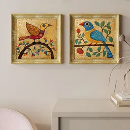 Art Street Gold-Toned & Blue 2 Pieces Madhubani Birds & Animals Wooden Wall Art-picture-37