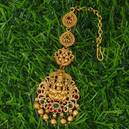 NAGNESHI ART Gold-Plated Artificial Stones Studded & Beaded Lakshmi Design Maang Tikka image 2