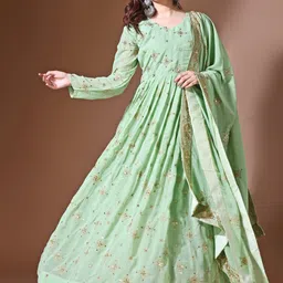KALINI Floral Embroidered Round Neck Gathered Georgette Maxi Ethnic Dress With Dupatta-picture-35