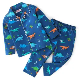 Babyhug Cotton Woven Full Sleeves Night Suit With Dino Print - Blue-picture-12