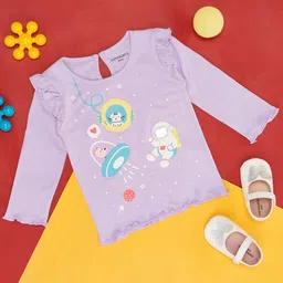 Pantaloons Baby Full Sleeves Frill Detailed Astronaut & Animals Printed Tee - Lavender-image-13
