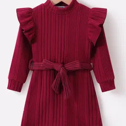 Kookie Kids Full Sleeves Solid Colour Winter Frock With Frill Detail - Maroon-picture-22