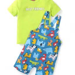 Babyhug Single Jersey Knit Half Sleeves T-Shirt & Dungaree with Text & Animal Print - Neon Green & Blue-picture-12