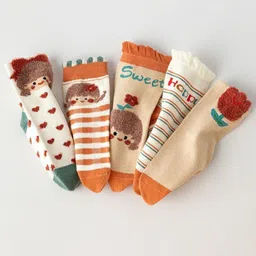 Kidofash Cotton Pack Of 5 Hearts & Cute Girl Designed Socks - Orange-picture-22