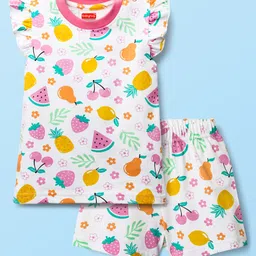 Babyhug Cotton Knit Frill Sleeves Shorts Night Suit With Tropical Theme Print - White-picture-20