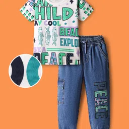 OLLINGTON ST. Knit Half Sleeves Printed T-Shirt & Stretchable Denim Joggers Set - White & Blue-picture-13