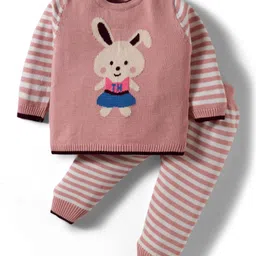 ToffyHouse Cotton Knit Full Sleeves Winter Wear T-Shirt & Joggers Set with Stripes & Animal Print - Rose Gold-picture-31