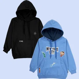Kiddopanti Fleece Knit Pack of 2 Full Sleeves Solid & New York City Text Printed Light Winter Hoodies - Black & Dusty Blue-picture-19