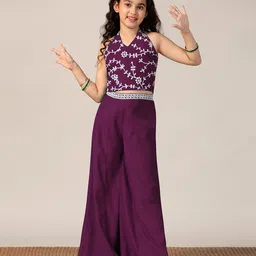 Fashion Dream Silk Knit Sleeveless Floral Embroidered Crop Top & Palazzo Set - Wine-image-63