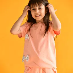 Anthrilo Half Sleeves Silver Bow Applique Top - Peach image 3