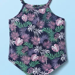 Babyhug Single Jersey Knit Sleeveless Top & Shorts Set with Tropical Theme Print & Bow Applique - White & Navy Blue image 2