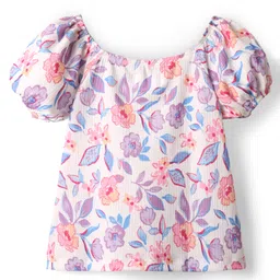 kookie kids india Kookie Kids Knit Half Balloon Sleeves Top with Floral Print - White & Pink image 2