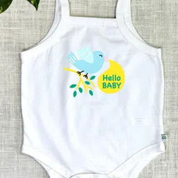 COCOON ORGANICS 100% Cotton Knit Pack Of 3 Sleeveless Bird & Honey Bee Printed Anti Microbial Stretchable Onesies - White image 3