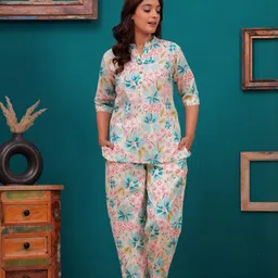 piroki Women Floral Print Pure Cotton Tunic & Trouser Co-Ord Set image 3