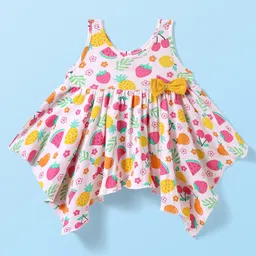 Babyhug Single Jersey Knit Sleeveless Fruits & Floral Printed Top & Leggings Set with Bow Applique - Yellow & White image 3