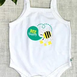 COCOON ORGANICS 100% Cotton Knit Pack Of 3 Sleeveless Bird & Honey Bee Printed Anti Microbial Stretchable Onesies - White image 5