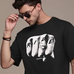 The Roadster Lifestyle Co. Oversized Fit Pure Cotton Graphic Printed Drop-Shoulder Sleeves Casual T-shirt-picture-40