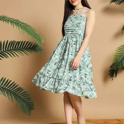 Meeranshi Women Shoulder Straps Tropical Print Fit & Flare Dress-picture-11