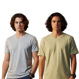 OUTLAWS Men Pack Of 2 Solid Regular Fit V-Neck Bio Finish T-shirt-picture-42