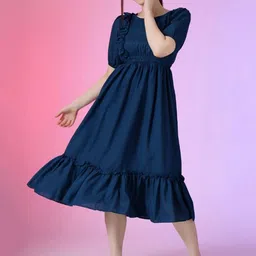 Raiyani Enterprise Women Round Neck Puff Sleeve Fit & Flare Midi Dress-image-75